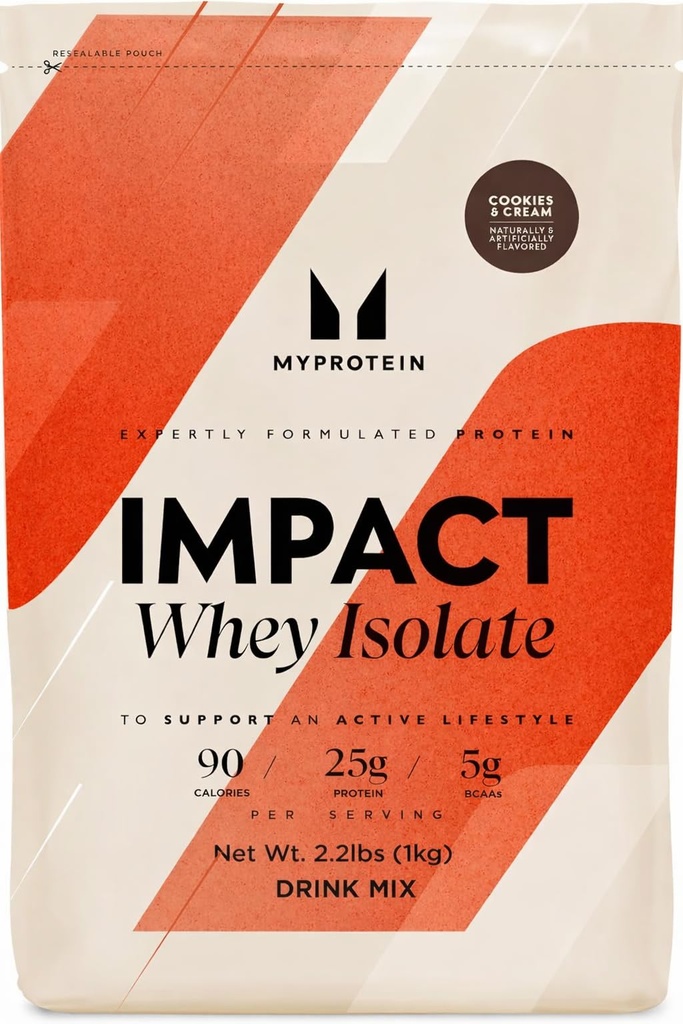 Myprotein Impact Whey Protein Isolate, 2.2 Lbs (40 Serve) Cookies & Cream, 19g Protein, 3.5g Glutamina & 4.5g BCAA Per Serving, Protein Shake per la Forza muscolare & Recupero