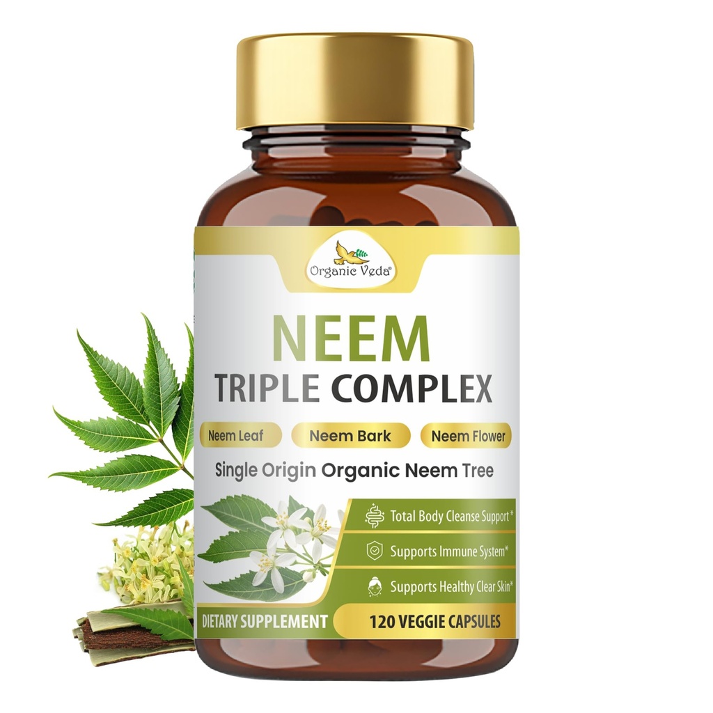 Bio Veda Neem Kapseln mit Triple Complex Neem Blatt Extrakt, Bark & Blume - Kräuterergänzung erhöht Immunität, verbessert Verdauung, Hautgesundheit & Unterstützung Reinigung - 120 Zähler