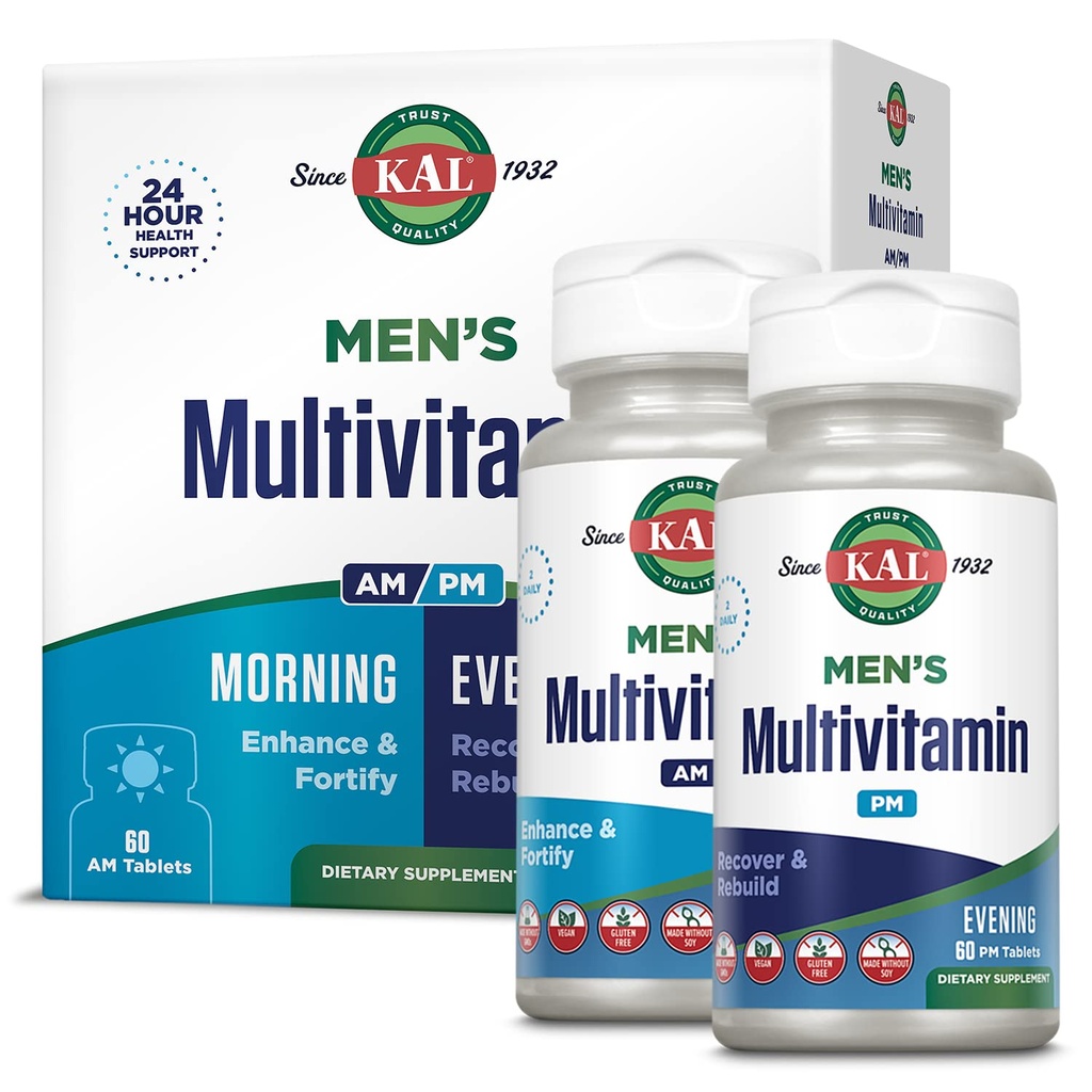 KAL Men's Multivitamin AM/PM, Antiossidanti Supplemento, Muscolo, Immune, Equilibrio Elettrolita, Supporto Benessere complessivo, Fatto Senza OGM e Soia, Vegan, 30 Serve, 120 compresse