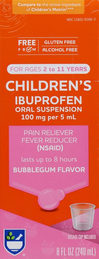 Rite Aid Children's Ibuprofen, Ages 2-11, Bubble Gum - 8 oz | Kids Pain Reliever & Fever Riduttore | per bambini età da 2 a 11 anni | Sospensione orale Ibuprofen 100 mg/5 mL | Alcohol Free & Gluten Free