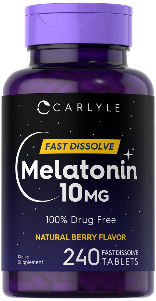 Carlyle Melatonin 10mg Fast Dissolve Tablets | 240 Count | Berry Flavor | 100% Drug Free | Vegetarier, Non-GMO, Gluten Free Supplement
