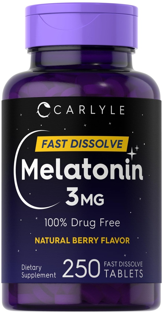 Carlyle Melatonin 3mg Comprimés à dissolution rapide : 250 Nombre de doses faibles et sans médicament : Vegan, non OGM, sans gluten