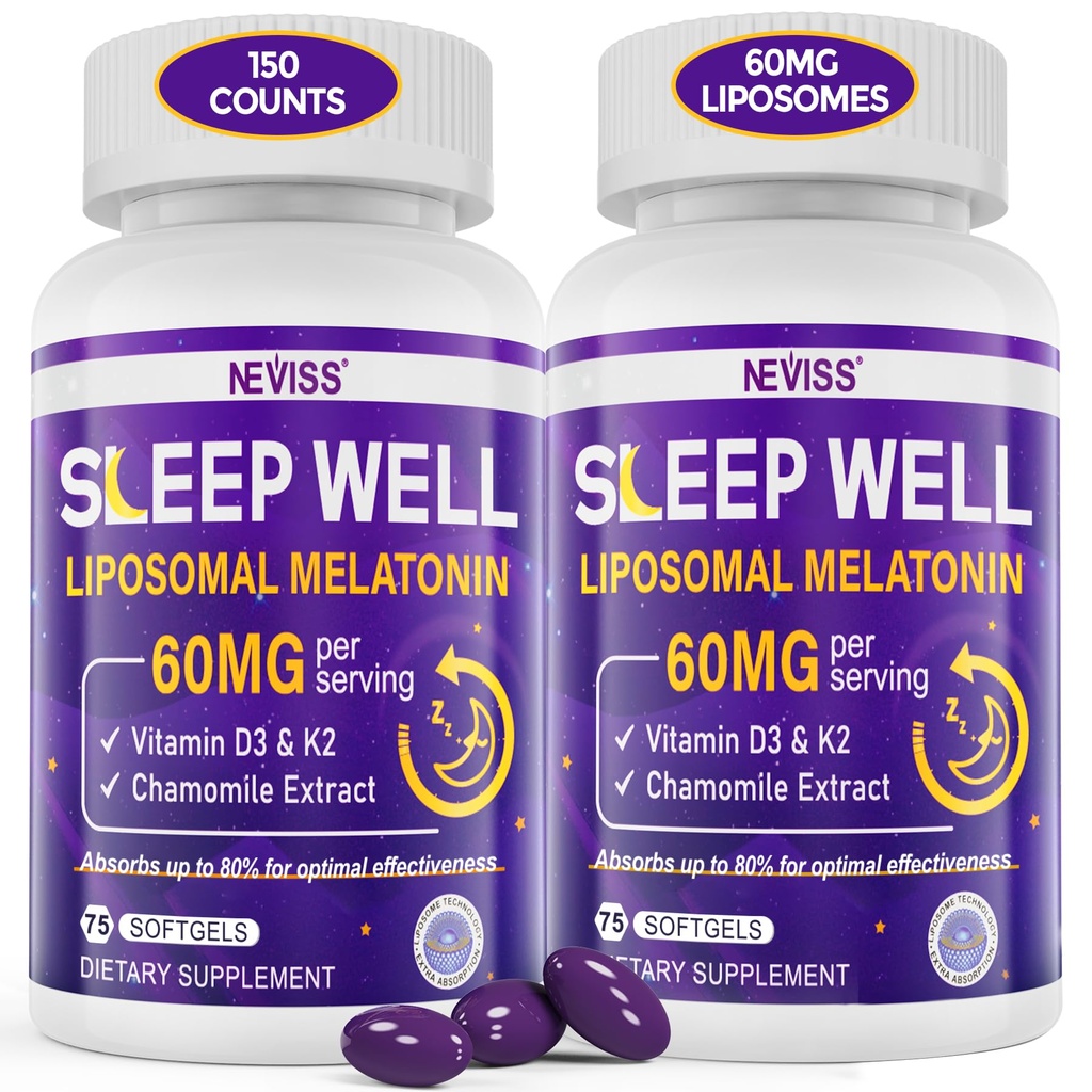 Melatonina 60 mg per adulti ad alta dose, Supporta la cognizione del cervello e del riposo profondo, Melatonina Liposomica ad alta resistenza con vitamina D3 K2, Camomilla, per il ciclo del suono Zzz, Immune & Antiossidante, 150 Softgels