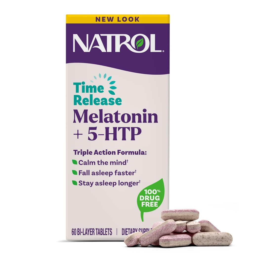 Natrol Melatonin + 5-HTP Time Release Sleep Aid, Triple Action Formula, Calm the Mind, Fall Asleep più veloce e Stay Asleep Longer, 60 Bi-Layer Tablets, Fino a una fornitura di 60 giorni