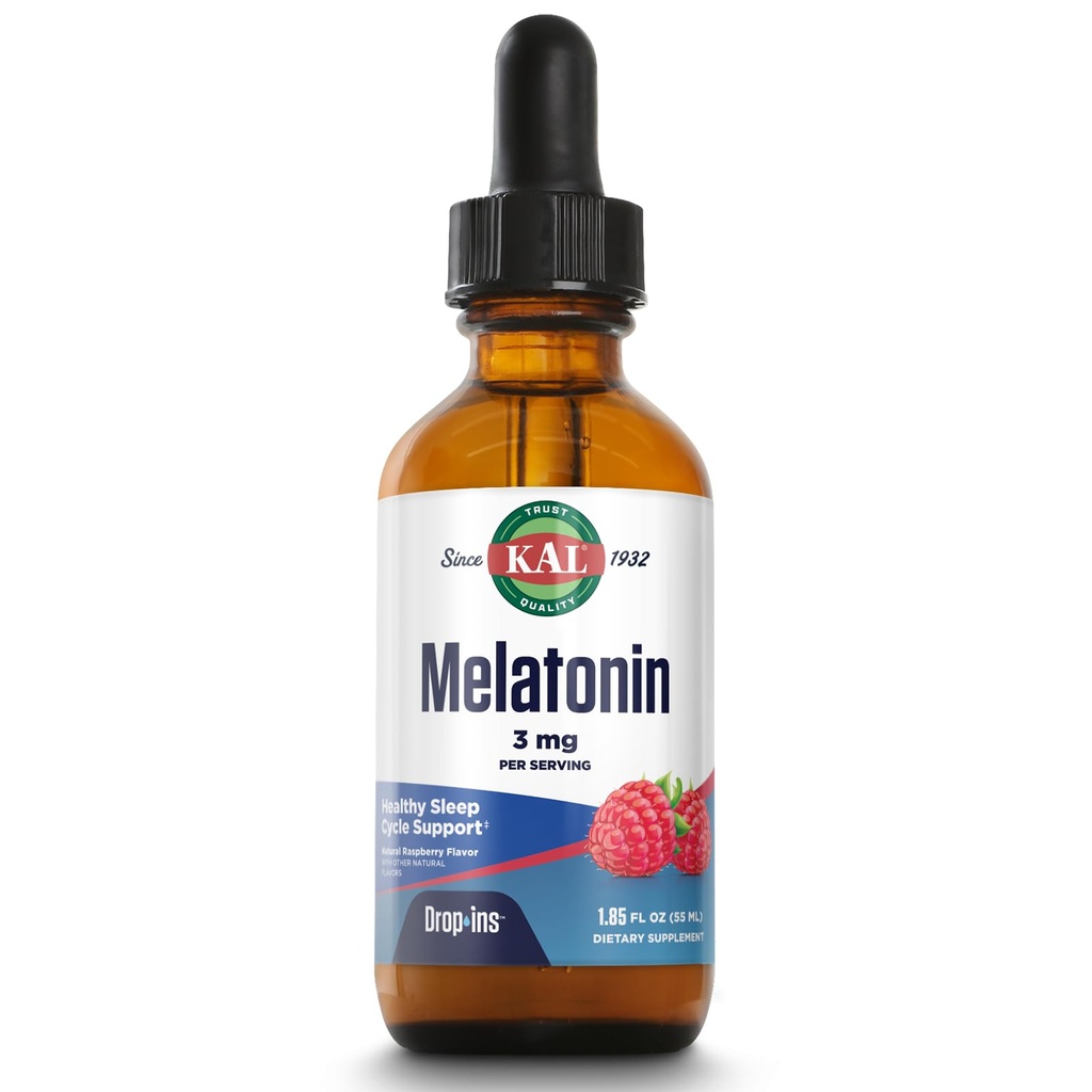 KAL Melatonin DropIns 3mg, Aide au sommeil en bonne santé, gouttes de mélatonine liquide pour l'absorption optimale et le support de relaxation apaisant, rapide d'action, saveur de framboise naturelle, environ 55 portions, 1,85oz