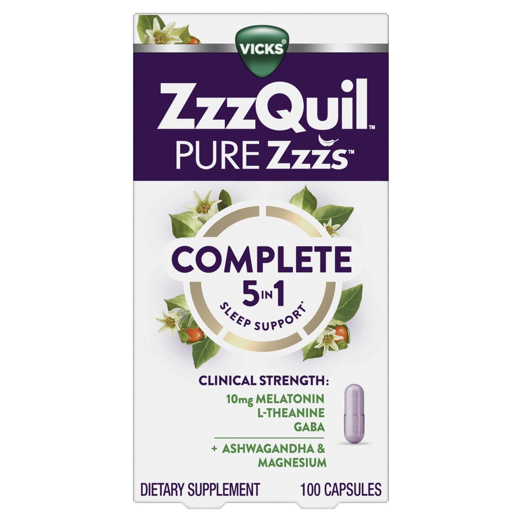 ZzzQuil Pure Zzzs Sommeil complet, Melatonin 10mg, L-Theanine, GABA, avec Ashwagandha, et Magnésium, Melatonin Aide au sommeil, 100 Compte