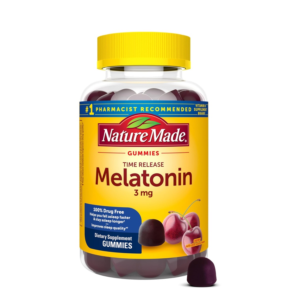 Nature Made Time Release Melatonin 3mg Gummis, 100% Drug Free Sleep Aid for Adults, 60 Melatonin Gummis, 60 Day Supply