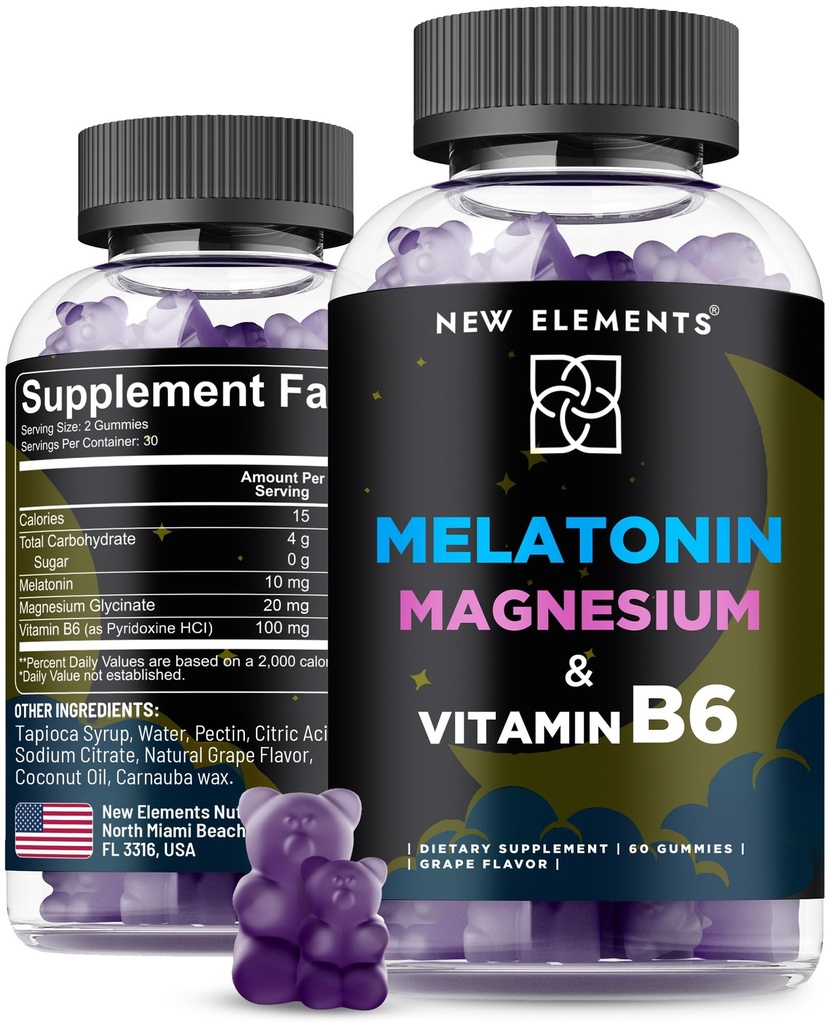 Nuovi elementi Melatonin Gummies 10mg con Magnesio Glycinate & Vitamina B6 | Supporto per il sonno, Rilassamento & Stress Rilievo | Non OGM, Gluten-Free | Grande aroma naturale di uva