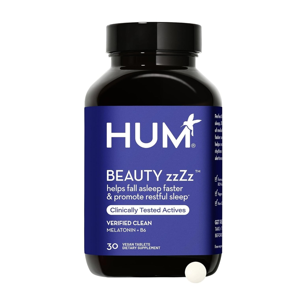 HUM Beauty zzZz Melatonin Sleep Supplement per adulti con Melatonin 3mg, Vitamina B6 e Calcio, Vegan, Gluten Free, Non OGM Sleep Support Tablet per adulti e riposo di bellezza, 30 Vegan Tablets