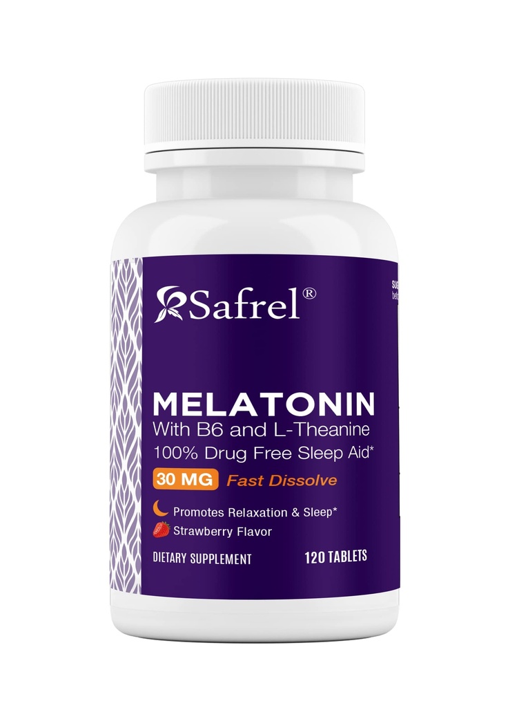 Safrel Melatonin 30mg - avec B6 & L-Theanine - 120 comprimés à solution rapide avec saveur de baie naturelle (2 comprimés Dose = Melatonin 60mg) (120 Nombre (paquet de 1))