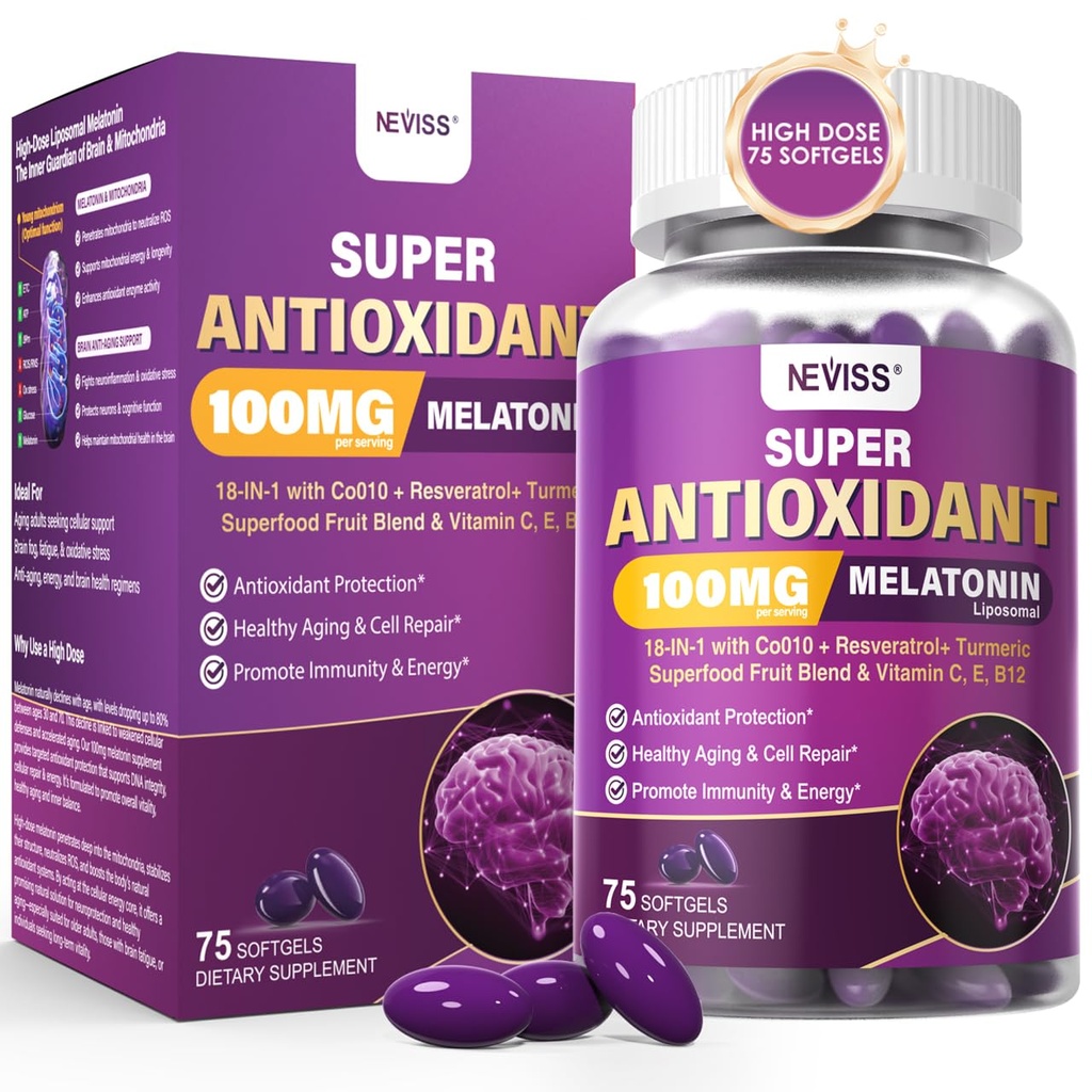 Melatonin 100mg für Antioxidans & Kognitive Gesundheit, Ultra High Dose Melatonin mit CoQ10, Turmeric, Trans-Resveratrol, Vitamin B12 C E für Brain Anti-Aging, Cellular Repair and Energy, 75 Softgels