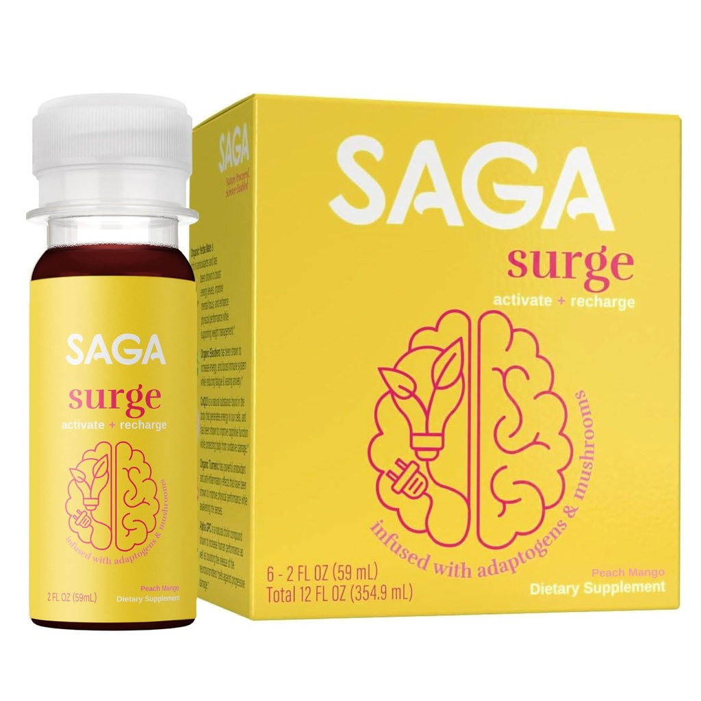SAGA SURGE Organic Energy Shots | Performance Drink | Yerba Mate & Alpha GPC Supplemento con CoQ10, Turmeric & Mushrooms | Pre Workout Boost Drink for Focus, Endurance & Performance | 2oz Peach Mango