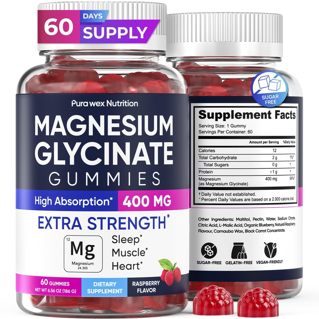 Magnesium Glycinate Gummi 400mg, hohe Absorption Magnesium Ergänzung für Frauen, Männer und Kinder, Muskelunterstützung und Entspannung, Zuckerfrei, Vegan, 60 Tage Versorgung