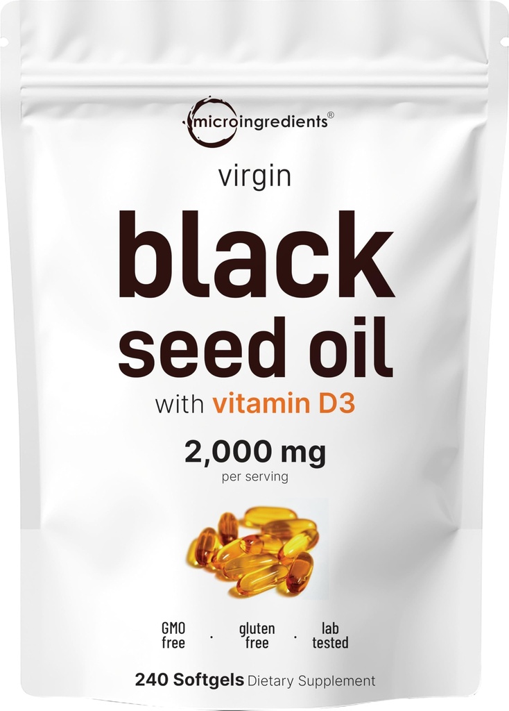 Micro-ingrédients Huile de graines noires avec vitamine D3 1000 UI, 240 Softgels $ 2 000 mg Huile de graines noires par portion $ Huile de Nigella Sativa $ 2-en-1 Huile de graines non raffinée Formule $ Non-OGM, cGMP Fabriqué