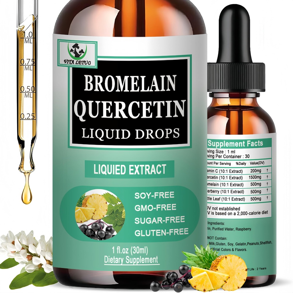 Quercetin Liquid Drops, Quercetin con Bromelain Elderberry Nettle Leaf Vitamin C Liquid Supplements, High Absorption Quercetin Liquid Drops for Women Men, Healthy Immune Antioxidant Support, Non-GMO
