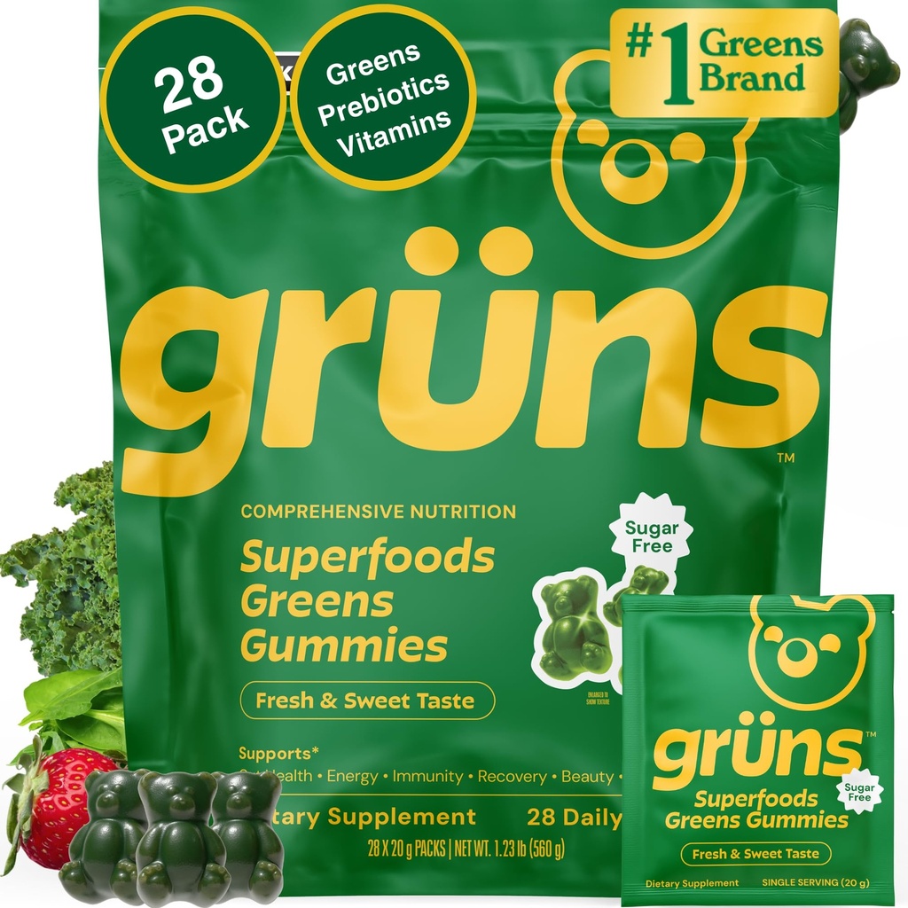 Gruns Adult Sugar-Free Super Greens Multivitamin Gummis, Superfood Gummy Vitamine für Frauen und Männer mit Spirulina, Chlorella, Adaptogene & Prebiotic Fiber for Digestive Health (28 Count)