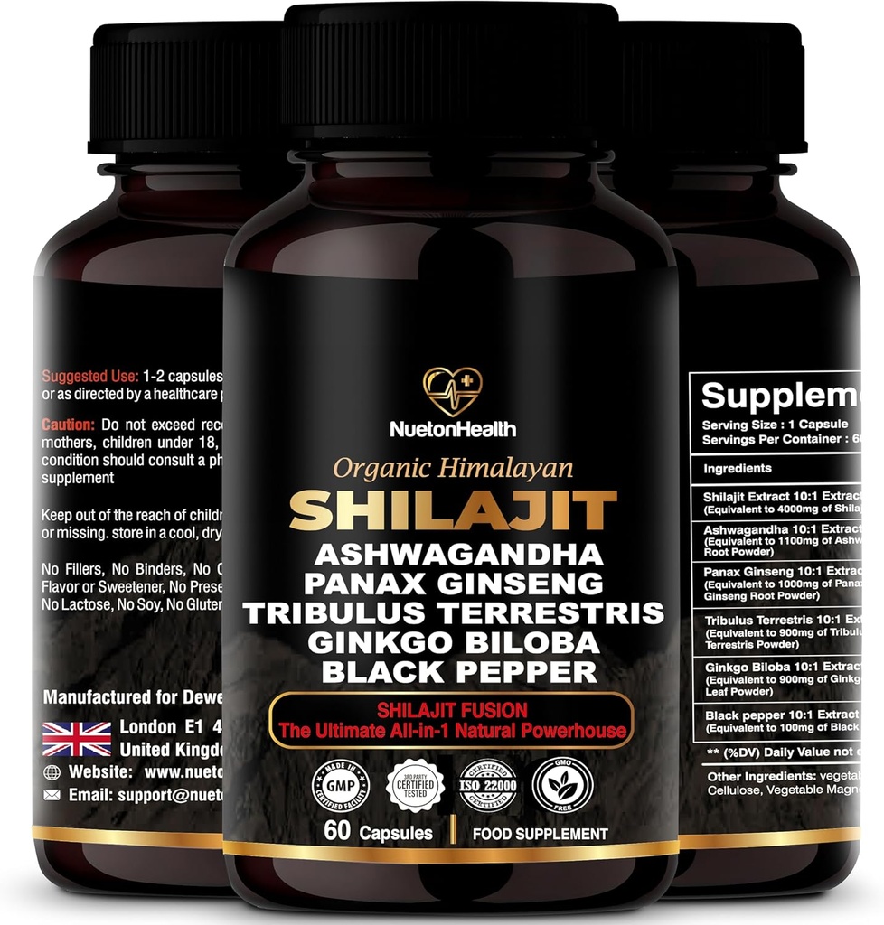 Capsule Himalayan Shilajit con Ashwagandha, Ginseng, Tribulus, Ginkgo & Black Pepper – Vegan, Gluten-Free Botanical Blend for Daily Wellness & Vitality – 60 Capsule