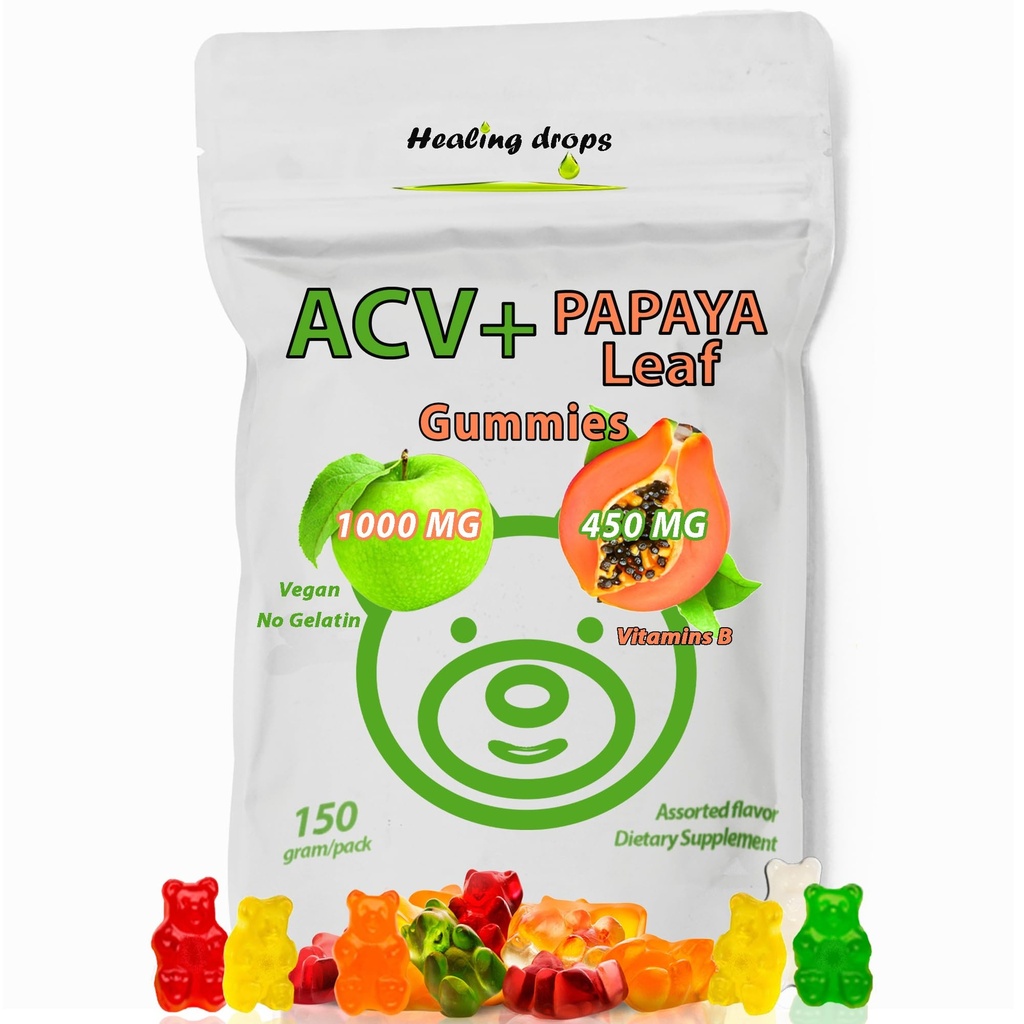 ACV Gummi & Papaya Blatt Extrakt Gummi - Premium Potent Apfel Apfel Apfelessig Ergänzung - Iodine Infused & Vitamine B6 B12 – Platelets Haar Haut &amp; Herz freundlich (1, Regelmäßig)