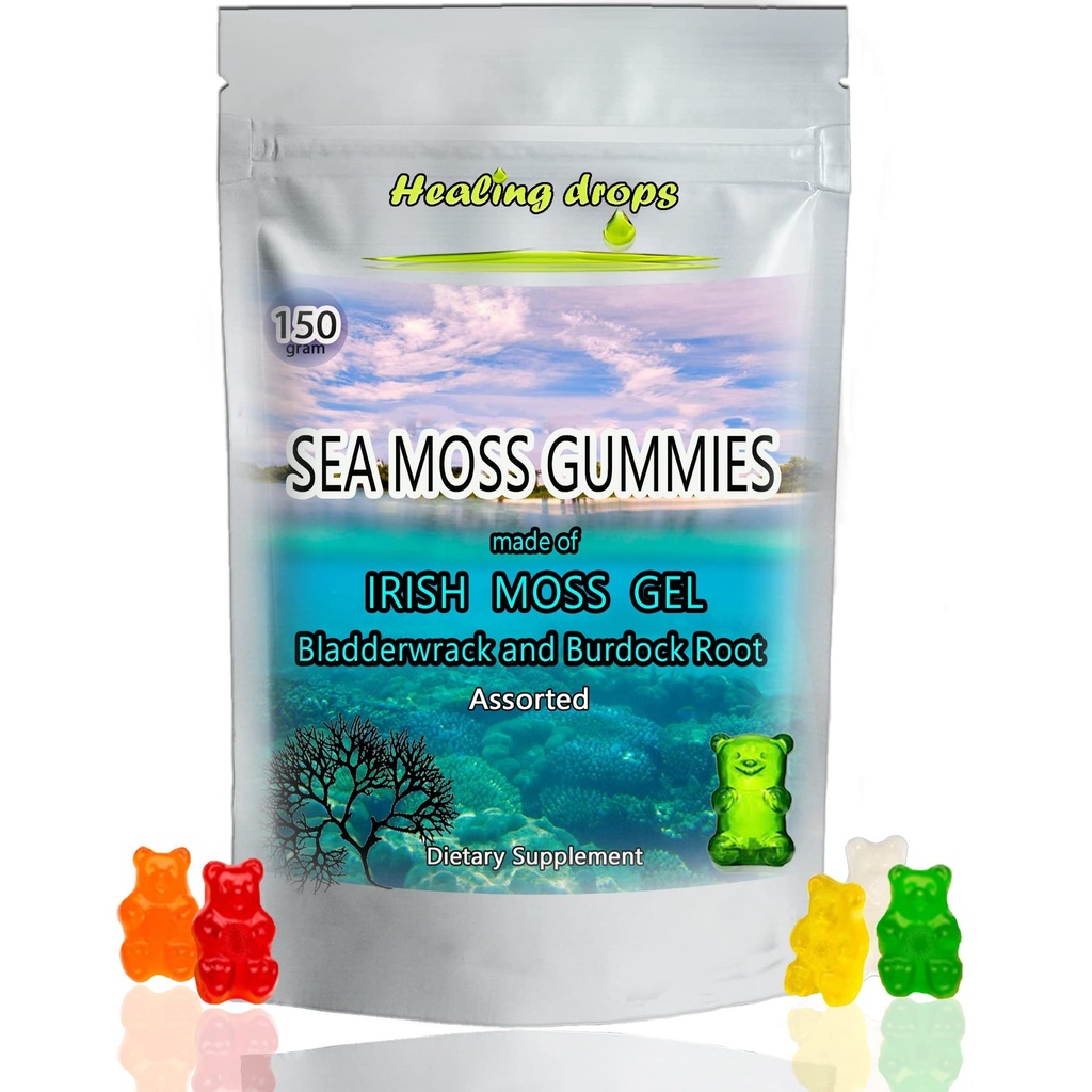 Sea Moss Gummies - Irish Sea Moss - Raw Organic Wildcrafted Sun-Dried Seamoss Powder and Gel - con Bladderwrack Burdock Root – Alkaline Keto Vegan Non-GMO Diet – Skin & Detox (Assorti)