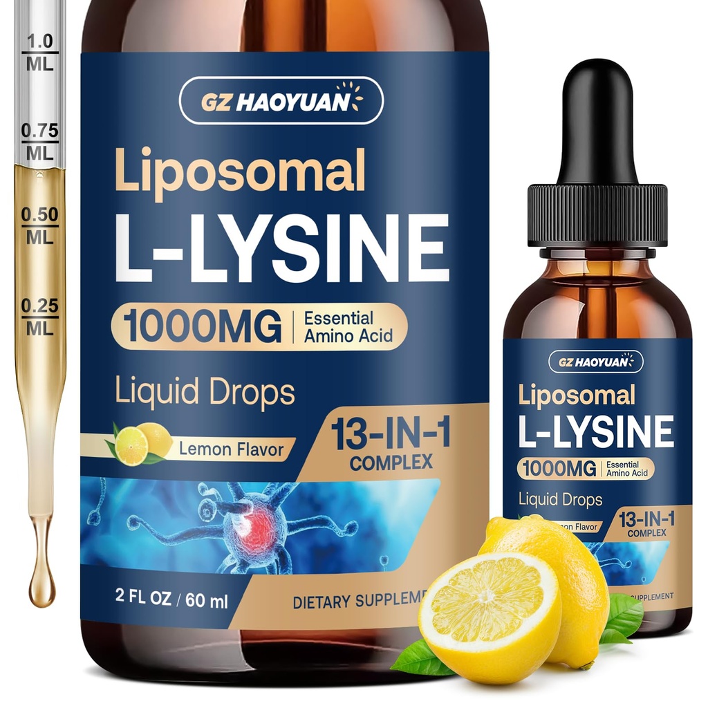 Liposomique L-lysine 1000MG gouttes liquides, 13-en-1 Lysine Suppléments – Monolaurin, extrait de feuille d'olive avec vitamine C, B6, D3, B12 & zinc pour collagène, lèvre, peau et immunosupport pour enfants et adultes, 2oz