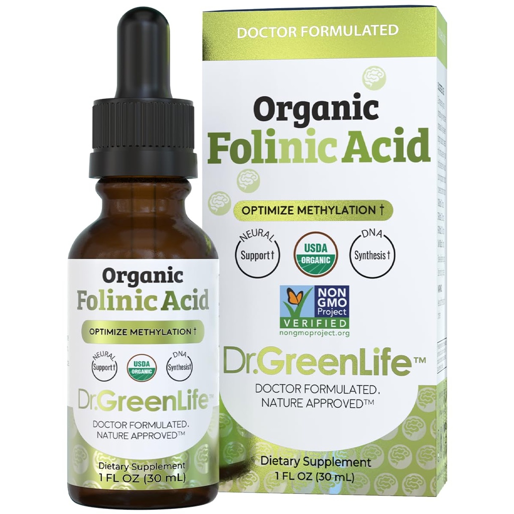 Dr. Green Mom USDA Organic Folinic Acid Drops - 500 mcg per Drop | Supporto di metilazione B9 Integratori per Bambini & Adulti | Supporta funzione neurologica, Nervous System Health & DNA Sintesi
