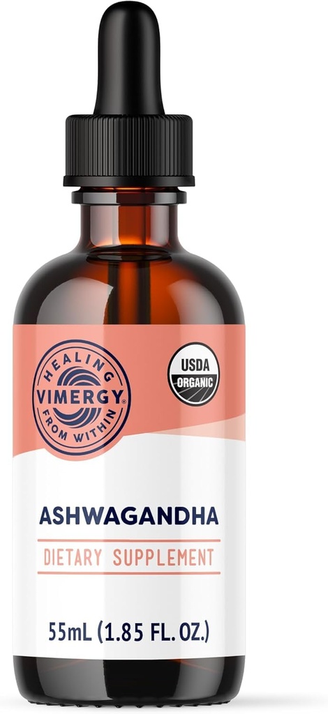Vimergy USDA Organic Ashwagandha Liquid Extract – 27 2mL (2 Tropfen oder 48-54 Tropfen) Servierungen (220mg Extrakt pro Portion). Stress Adaptogen, kognitive und Schlafunterstützung. Alkoholfrei, Non-GMO (55 mL)