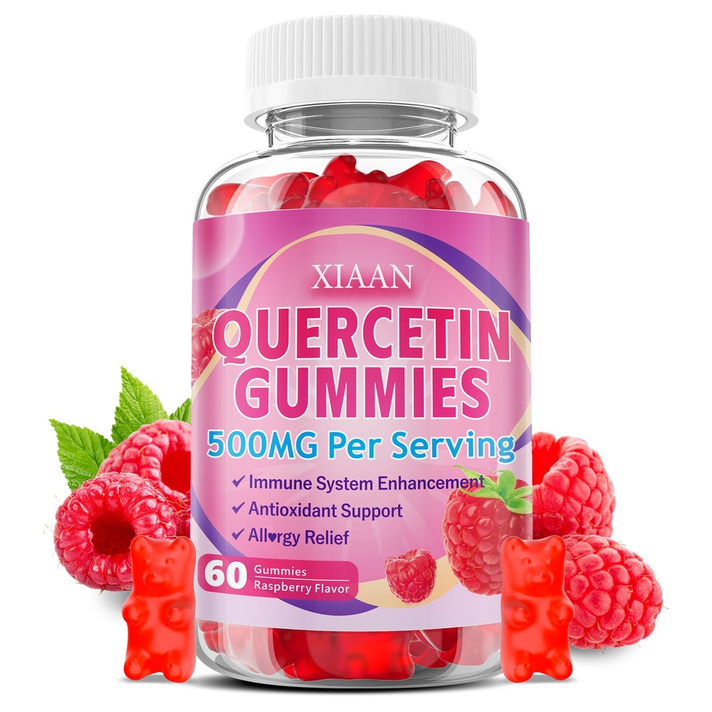 Quercetin Gummies 500mg für Kinder & Erwachsene, Organische Quercetin-Ergänzungen mit Bromelain Zink Vitamin C und D3 Unterstützung Antioxidans & Immunsystem Gesundheit, Raspberry Flavor 60 Count