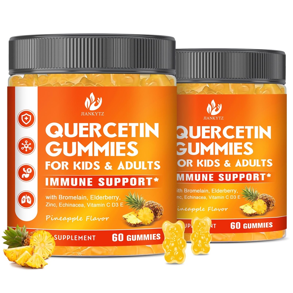 (2 Pack) Zuckerfreies Quercetin mit Bromelain-Gummien für Kinder & Erwachsene - Immune, Antioxidans, Saisonale Unterstützung, 1000mg Quercetin-Ergänzungen mit Bromelain, Zink, Elderberry, Vitamin C D3 E, 120 Count