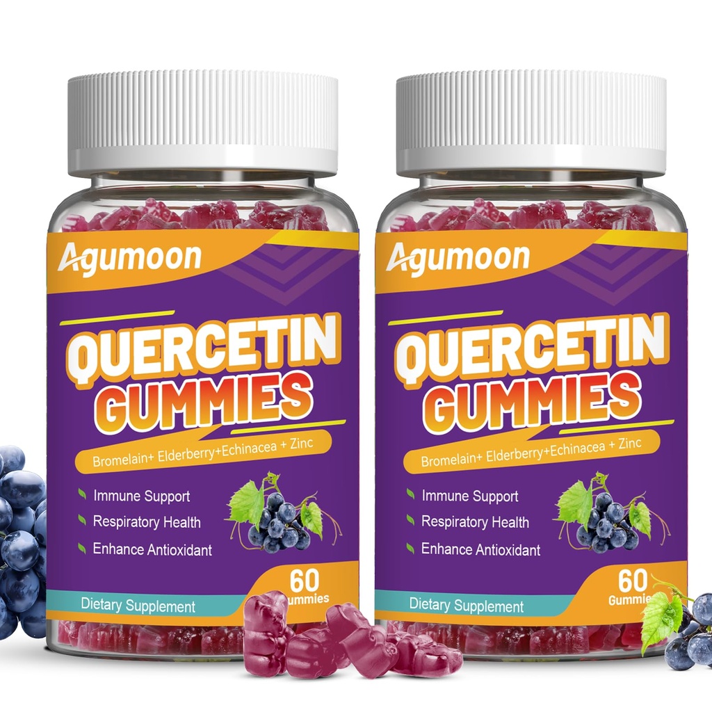 2 Pack Quercetin Gummies, 1000mg Quercetin mit Bromelain Zinkerbeere, Immun- & Antioxidant-Unterstützung, Vegan-Gummi für Erwachsene & Kinder, 120 Count