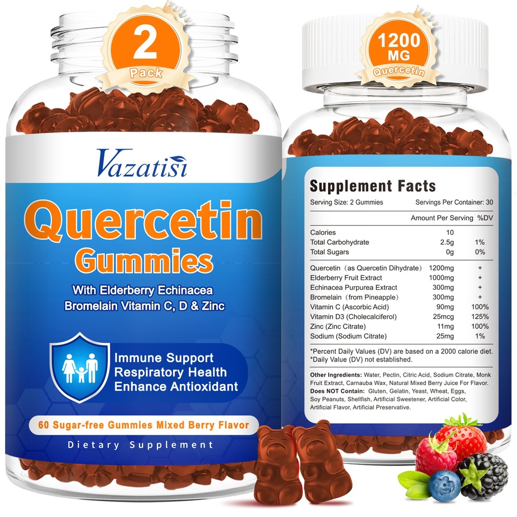 2 Pack Quercetin mit Bromelain Gummis, Quercetin mit Vitamin C Zink & Elderberry für Immunsystem & Allergy, Chewable & Vegan Gummies, Mischbeeren Flavor 120 Cts