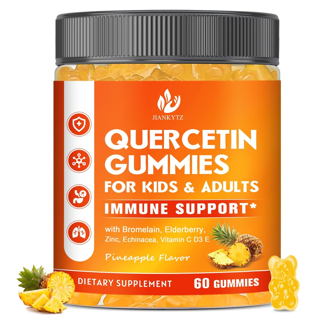 Zuckerfreies Quercetin mit Bromelain-Gummien für Kinder & Erwachsene - Immune, Antioxidans, Saisonale Unterstützung, 1000mg Quercetin Ergänzungen mit Bromelain, Zink, Elderberry, Vitamin C D3 E, Vegan, 60 Graf
