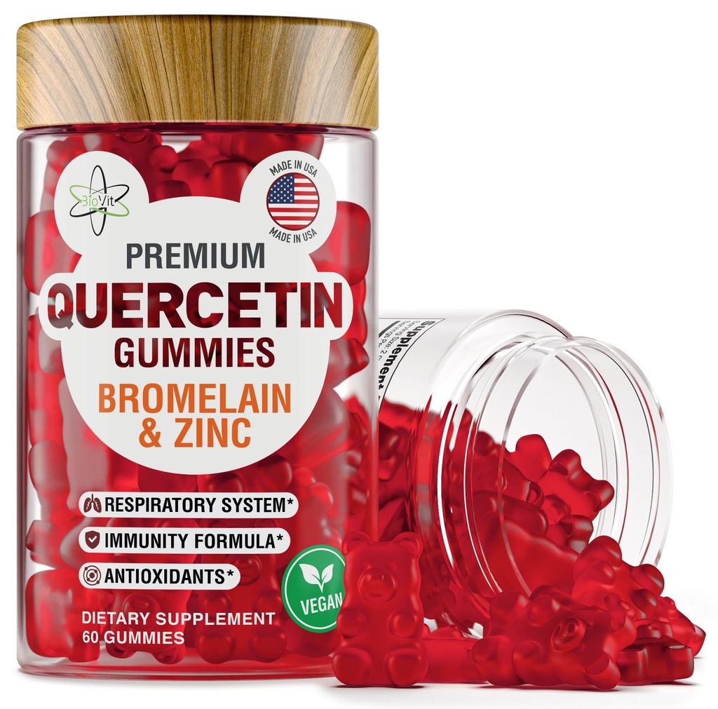 BioVit Quercetin Gummies 500MG - Activer Quercetin pour Enfants et Adultes Système immunitaire et Allergie - Chewable with Bromelain, Zinc, Vitamine C, Vitamine D3 - Fabriqué aux États-Unis - 60 Ours Gummy Vegan