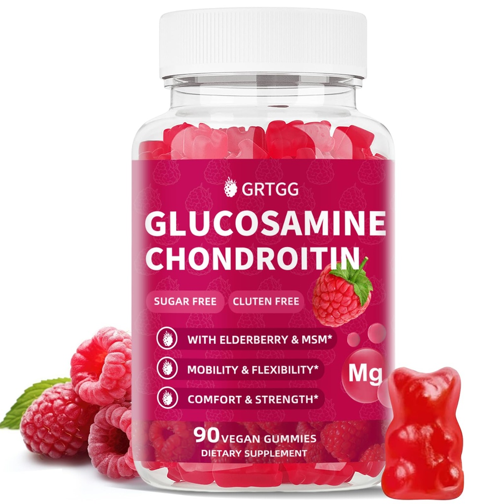 Glucosamin Chondroitin Gummis mit MSM & Elderberry Extra Strength 3000MG - Joint Support, Antioxidant Immun Support Supplement für Erwachsene, Männer und Frauen - 90 Raspberry Gummies