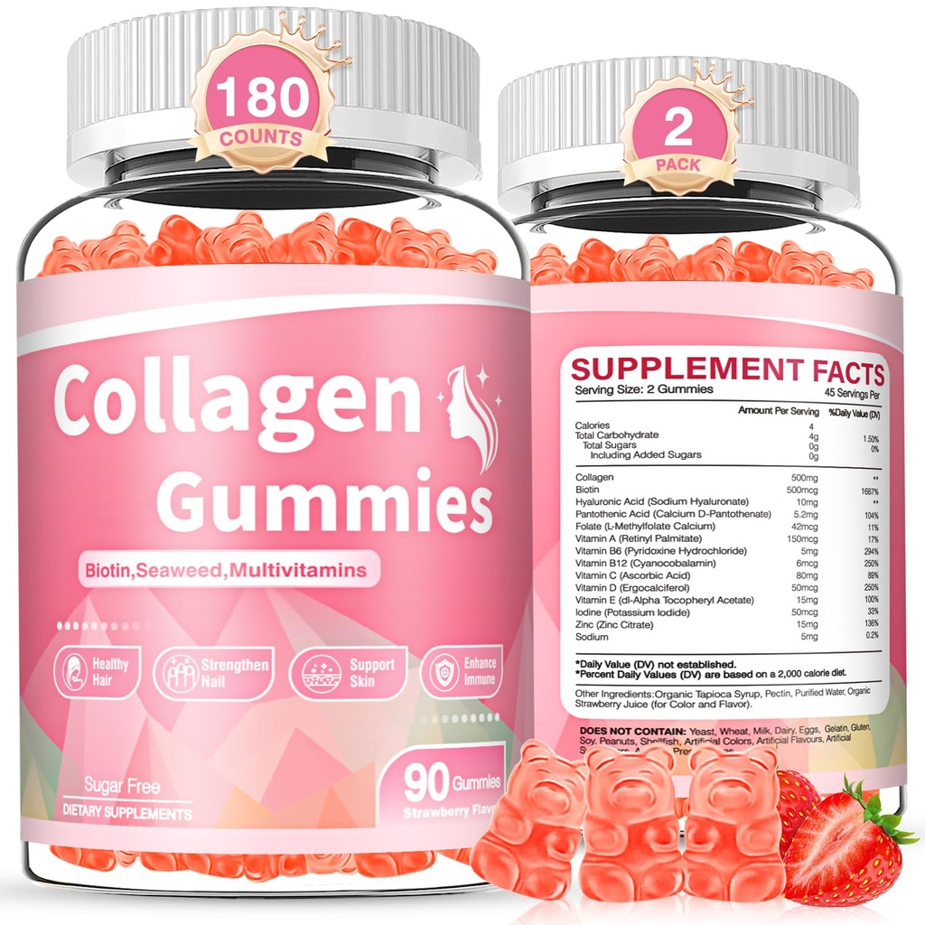 180 Nombre Collagène Gommies Collagène Protein Type I II III V X avec Biotine Vitamine C A B D E Keratin Acide hyaluronique pour les ongles de peau de cheveux Immune Digestion articulaire Femmes Hommes Fraise sans sucre