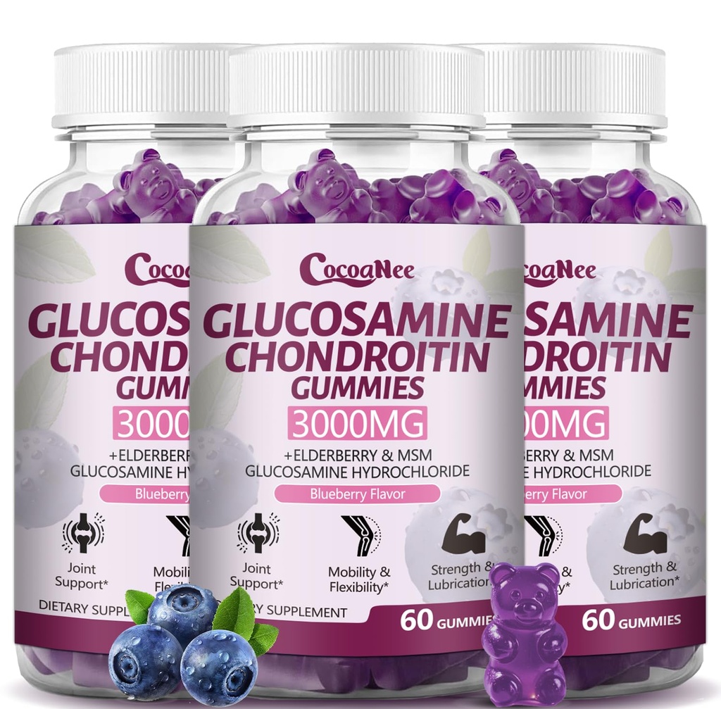 3 Packs Glucosamine Chondroïtine Gommy 3000MG, Supplément de soutien mixte extra-fort avec MSM & Elderberry, Flexibilité, Soutien immunitaire antioxydant Gommy pour adultes, hommes et femmes 180Cts