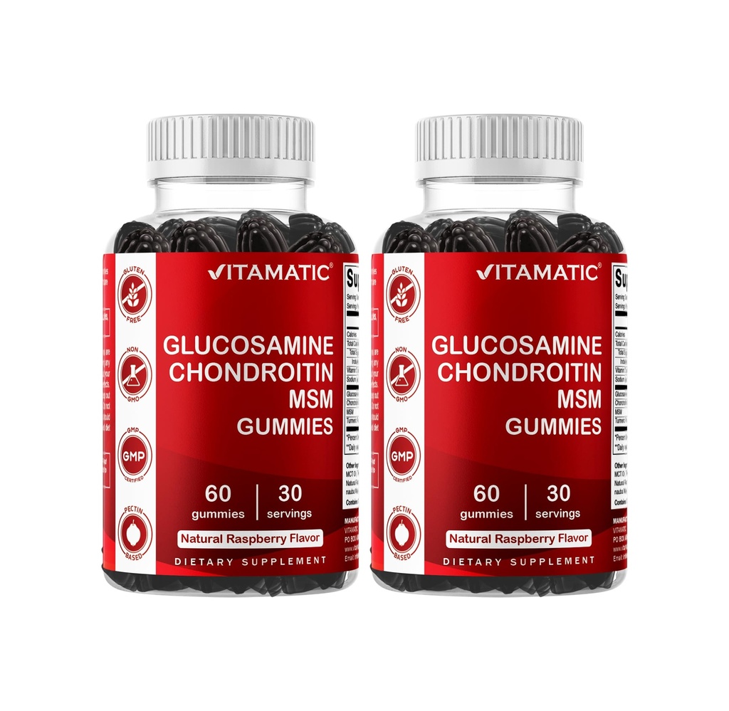 Glucosamine Vitamatique Gummées Chondritine avec MSM & Vitamine E – Soutien conjoint – 60 Gummées à base de pectine par bouteille – Pack de 2 (Total 120 Nombre)