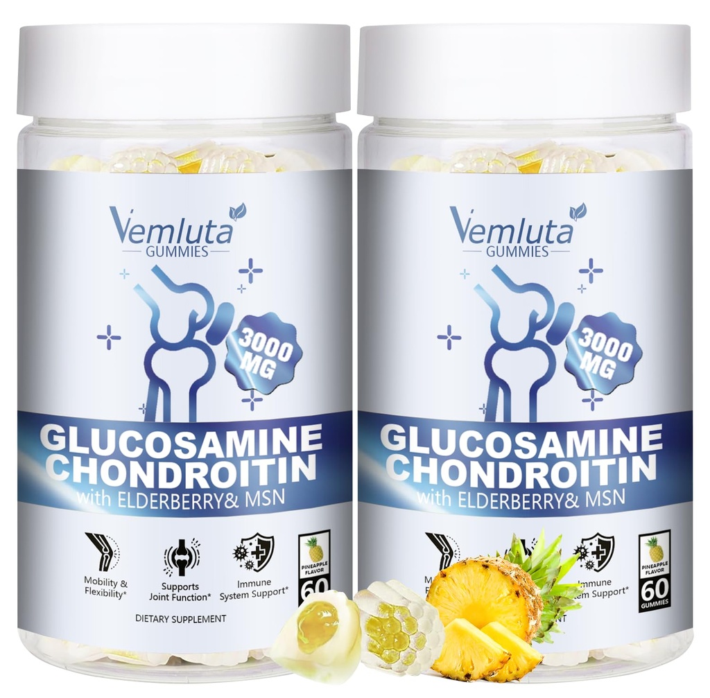 2 Packs Glucosamine Chondroitin Gummis - 3000MG Extra Strength Joint Support Supplement mit MSM, Flexibilität, Antioxidans Immununterstützung Gummy für Erwachsene, Männer und Frauen - 120 Cts