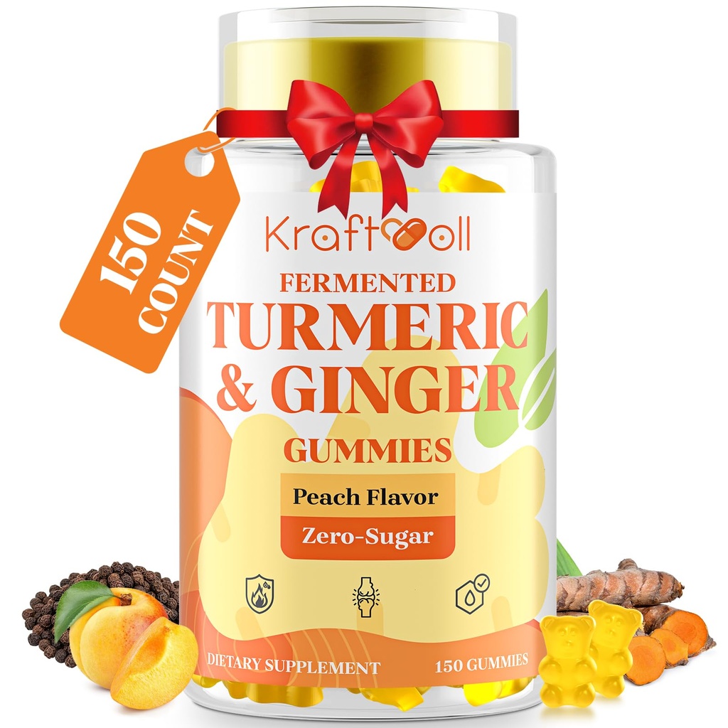 5 Monate Lieferung Kurkuma- und Gingergummis mit schwarzem Pfeffer, fermentierte Kurkuma für Joint Comfort & Mobility, SugarFree mit Vitamin D3 + K2, natürliche Pfirsichflamme – 150 Gummis
