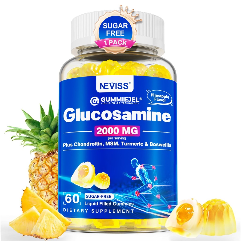Zuckerfreies Glucosamin Chondroitin MSM Gummies - Max Strength Mobility Supplement für Frauen und Männer mit Glucosaminsulfat 2000 mg, Boswellia, Curcumin & Hyaluronsäure - Flexibilitätsunterstützung - 60Cts