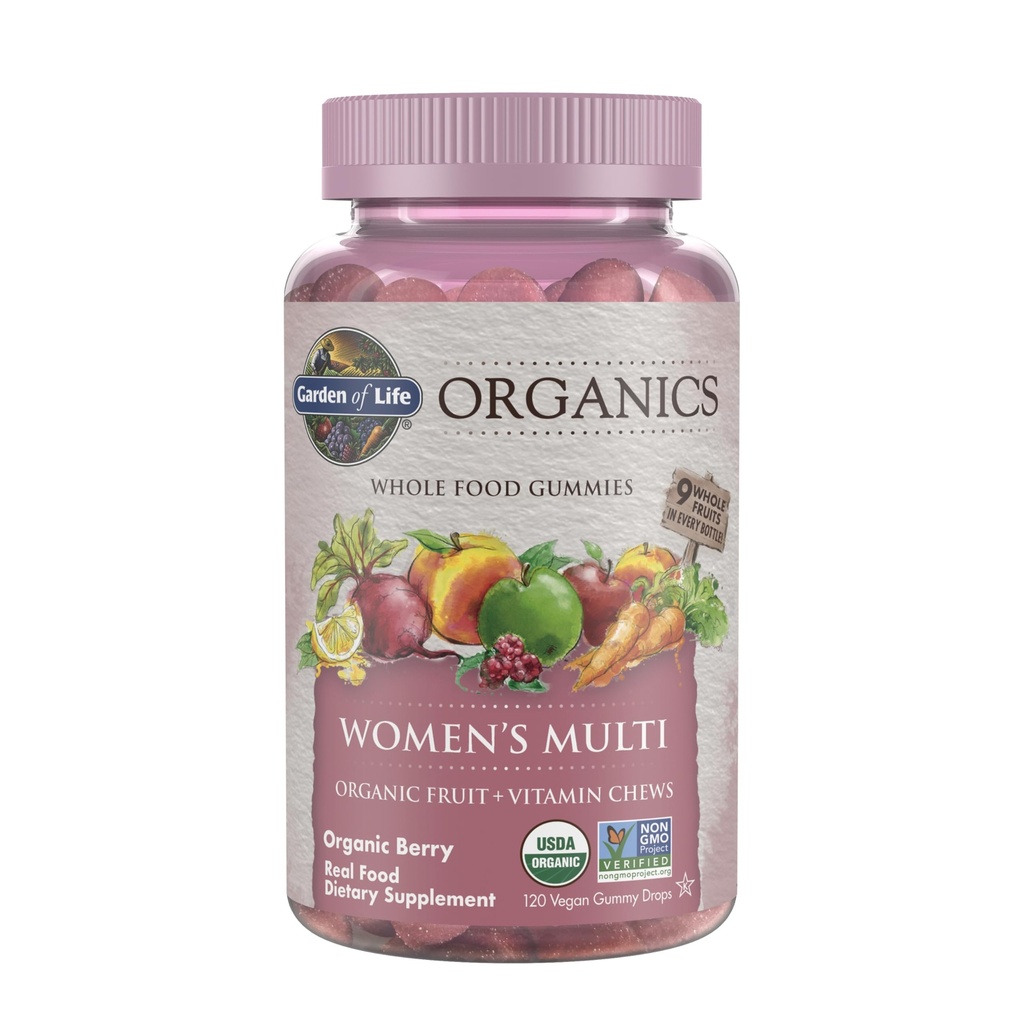 Garden of Life Organics Donna Gummy Vitamine - Berry - Certificato Organico, Non OGM, Vegan, Kosher Complete Multi - Methyl B12, C & D3 - Gluten, Soy & Dairy Free, 120 Real Fruit Gummies