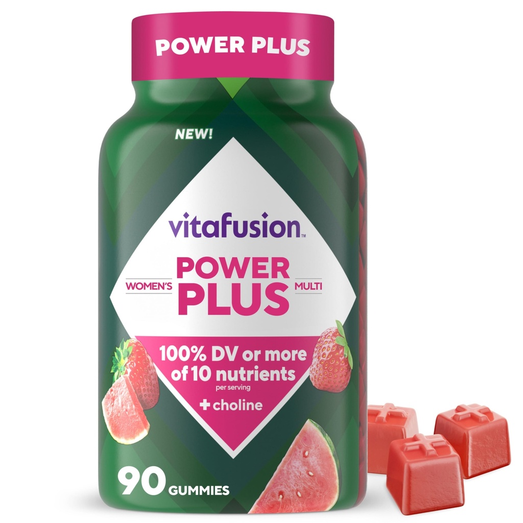 Vitafusion Power Plus Femmes Multivitamine Gummies, 100 % de la valeur quotidienne ou plus de 10 nutriments, aide à soutenir Nerve, Métabolisme énergétique, Bone & Immune Santé, Fraise et pastèque Flavor, 90 Compte