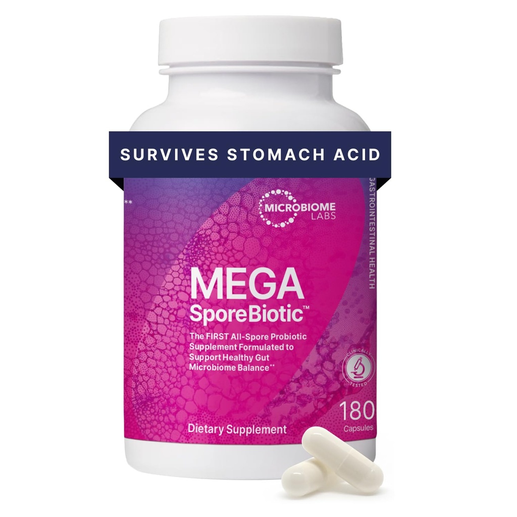 Microbiome Labs MegaSporeProbiotiques biotiques pour les femmes et les hommes - Probiotique à base de spore pour la santé de Gut et le soutien digestif - Table-Stable, Voyage-Amis, Probiotiques hommes et femmes (180 capsules)