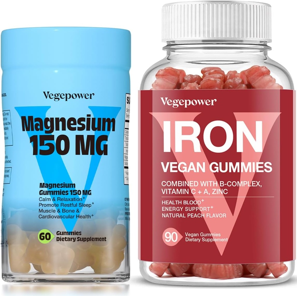Vegane Eisen-Gummien + Magnesium-Gummien | Eisen-Ergänzung Unterstützung Blut Gesunde & tägliche Energie für Erwachsene & Kinder | 150mg ruhige Magnesium-Zitrat-Gummien für besseren Schlaf, Entspannung