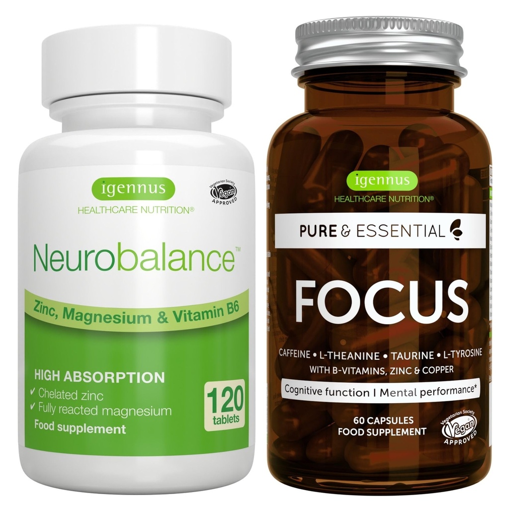 Neurobalance + Focus Brain Booster Vegan Bundle, High Absorption Zinc Magnesium & B6 + Caffeina, Aminoacidi & Methylated B-Vitamins, di Igennus
