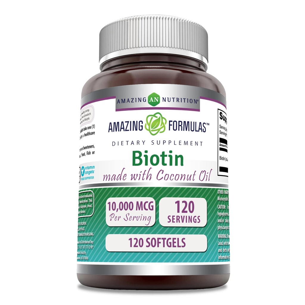 Erstaunliche Formeln Biotin mit extra Virgin Organic Coconut Oil Supplement | 10000 Mcg | 120 Softgels | Non-GMO | Gluten-Free | Made in USA