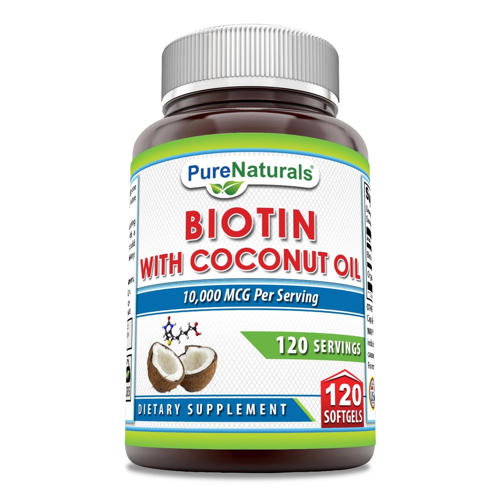 Pure Naturals Biotin 10000 Mg avec extra vierge huile de coco biologique 120 softgels