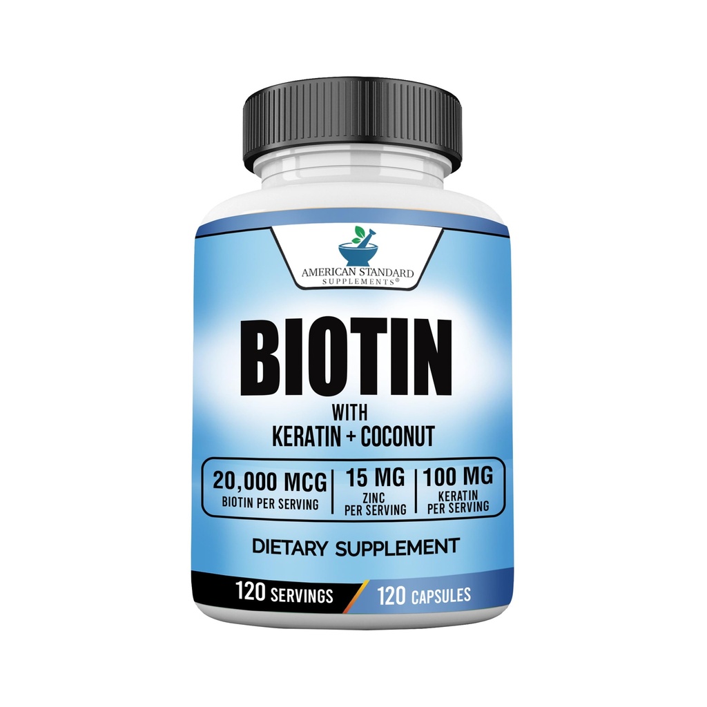 American Standard Suppléments Biotin 20 000mcg avec kératine, poudre de noix de coco et zinc, supplément Biotin pour les femmes et les hommes, 120 capsules de légumes, 120 jours d'approvisionnement