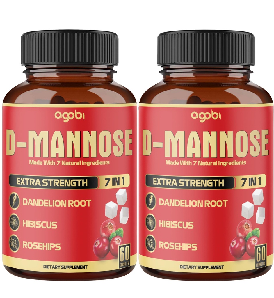 2 Packs 60 Compte 4 Mois - Capsules D-Mannose - Natural Urinary Tract Health & Immune Support - 7en1 avec Cranberry, Dandelion, Hibiscus et plus