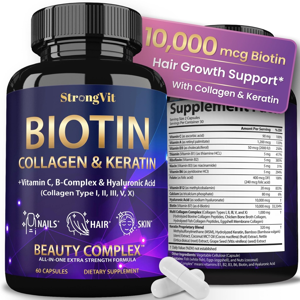 StrongVit Biotin avec des suppléments d'acide hyaluronique, de kératine et de collagène - 10000mcg pour les femmes et les hommes de la croissance des cheveux - Vitamines de la peau et des ongles - 60 Capsules