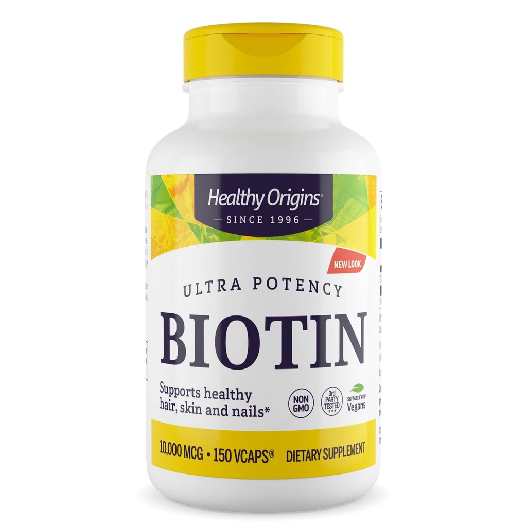 Origines saines Biotine 10 000 mcg (classe de l'USP, non-OGM, sans gluten, soutien des cheveux, soutien des ongles), 150 capsules végétatives